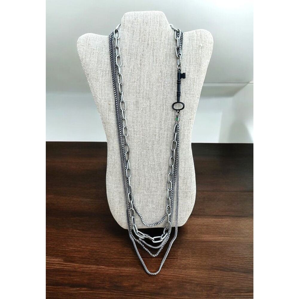 Lucky Brand Skeleton Key Multi Chain Necklace Antique Silver Tone 36"